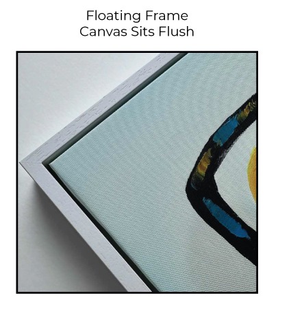 Floating frame close-up showing the canvas sitting flush with the outer edge of the L-Shape moulding.