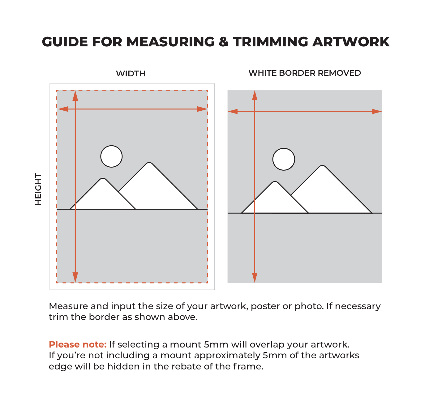 Arrows show artwork width horizontally and height vertically. The left example excludes a border to be trimmed; the right measures edge to edge.